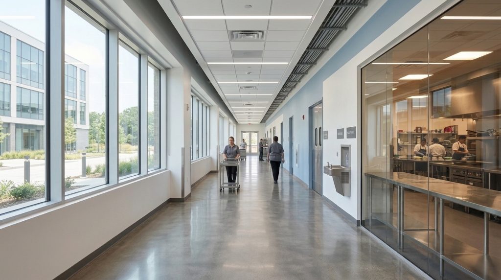 Modern commercial facility corridor showcasing professional hygiene, facility management and support services for hotels, restaurants, hospitals and commercial buildings in Nepal.